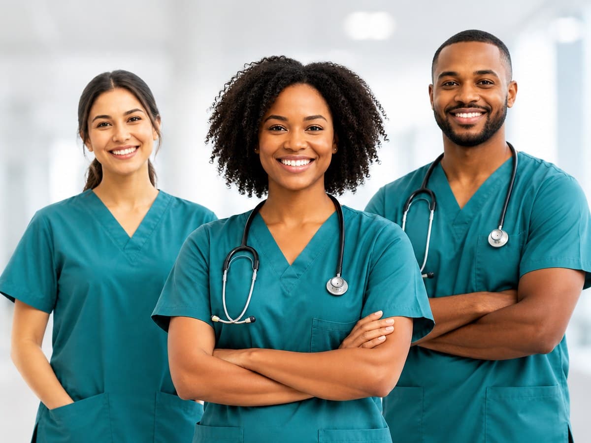 Three caregivers in scrubs in a hospital corridor